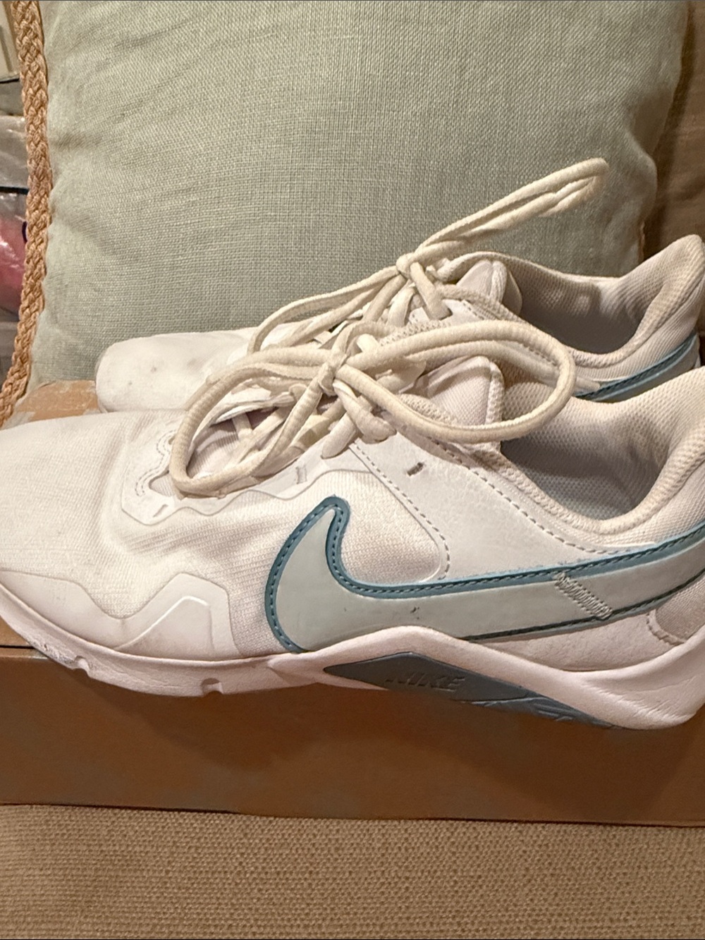 Nike Women's White Sneakers with Teal Swoosh